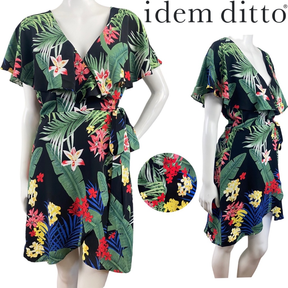IDEM DITTO Mini Tropical Floral Print Asymmetrical Dress Flutter Sleeves Medium